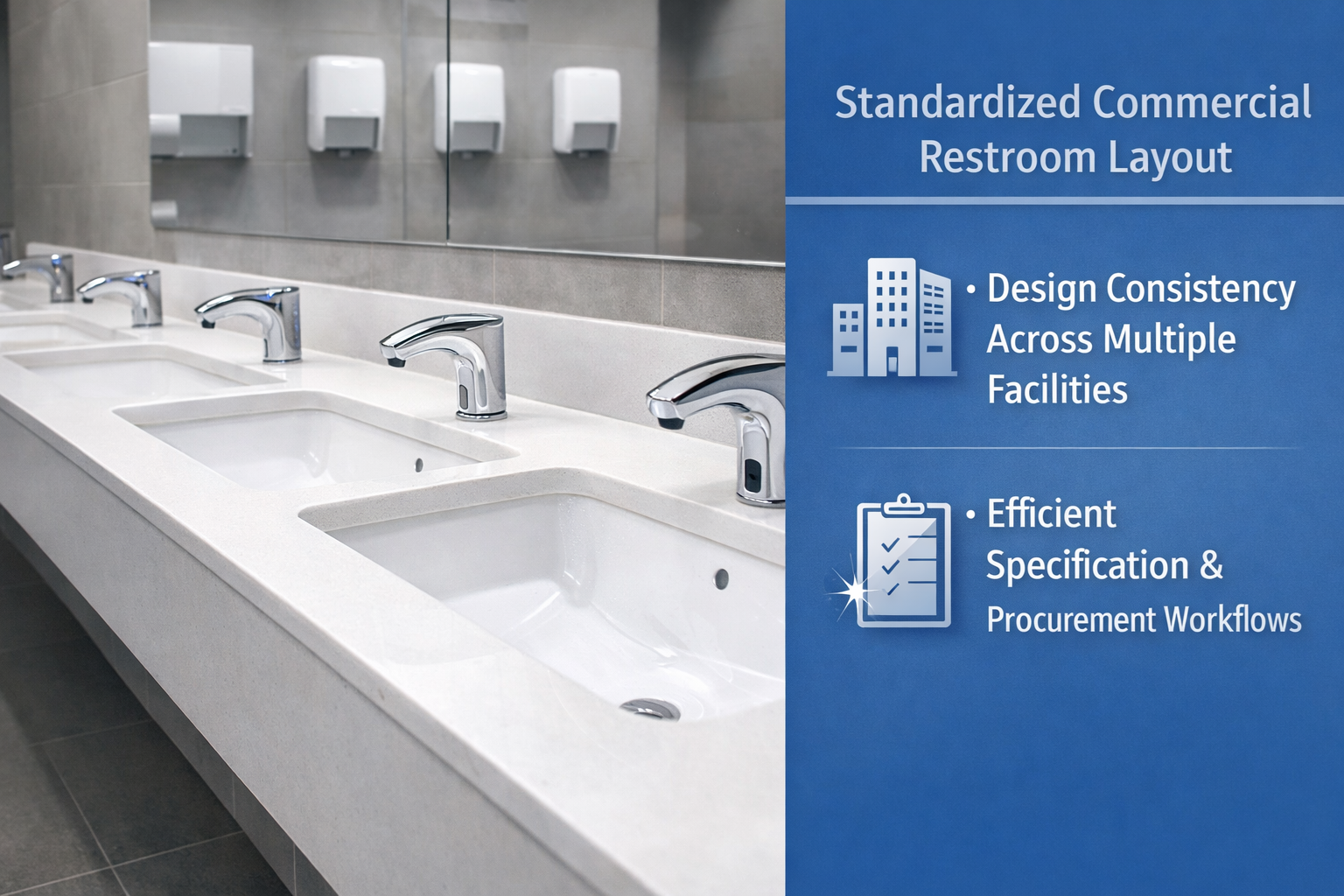 Standardized commercial restroom layout with repetitive touchless faucet installations